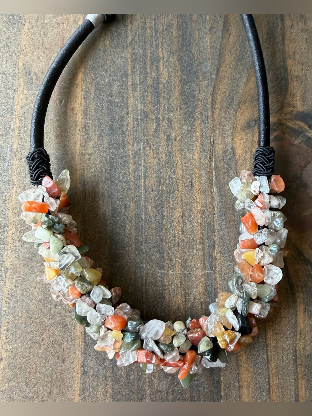 Multicolor Semi-Precious Chip Necklace with Black Cord